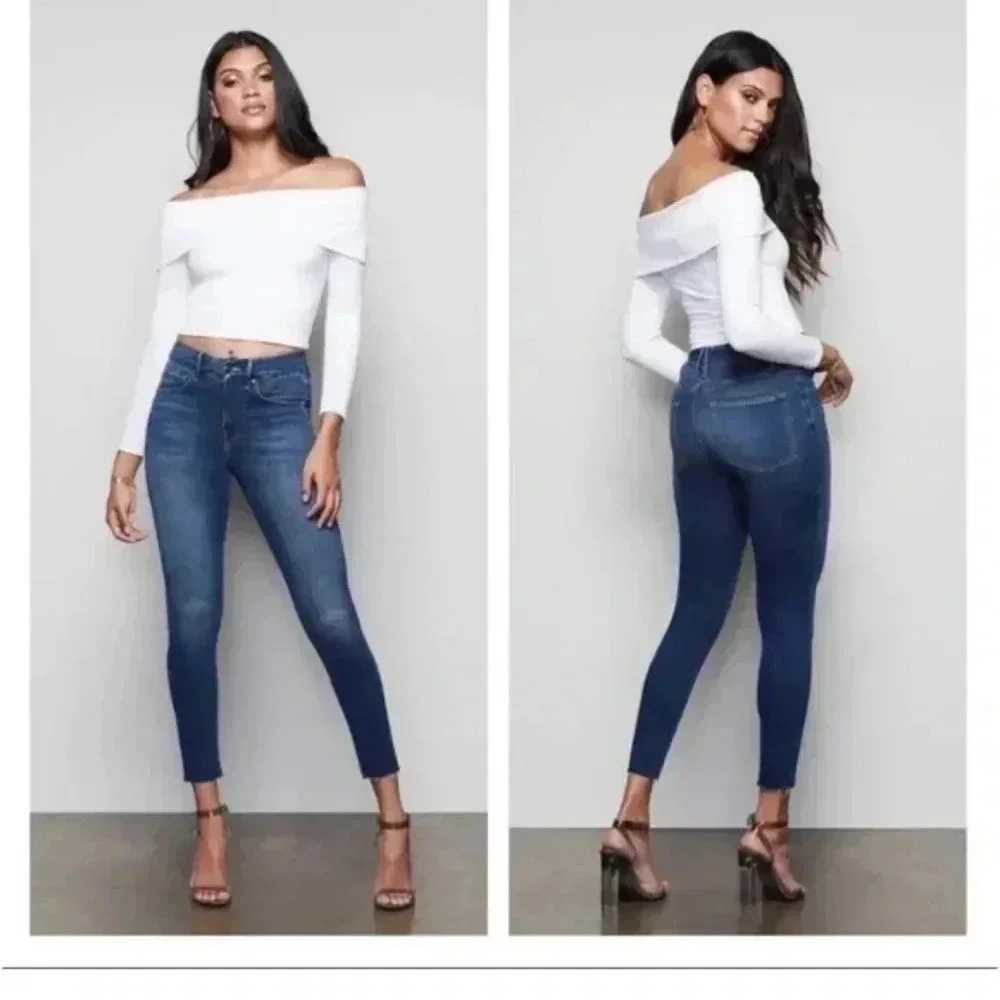 Good American Good Waist Crop Jeans Raw Edge Hem